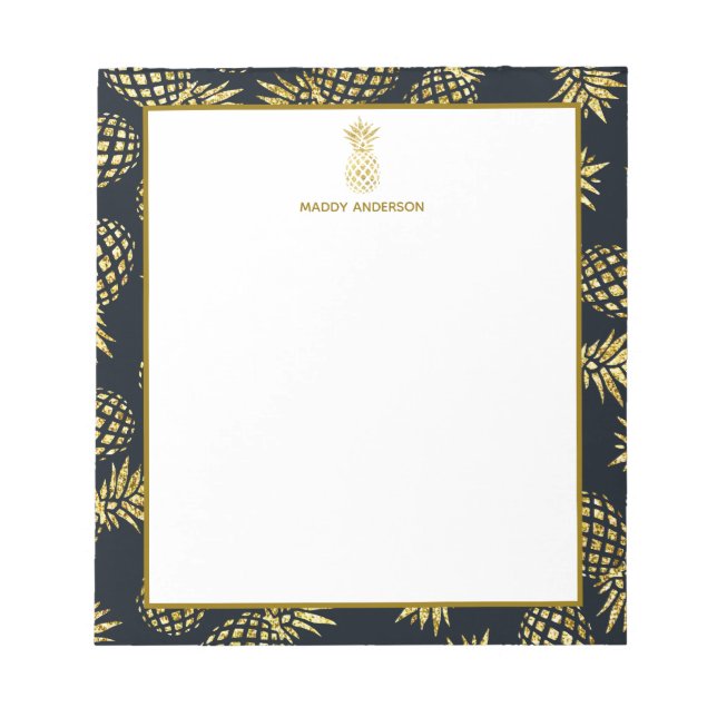 Navy Blue Gold Ananas Muster Monogram Notizblock (Vorderseite)