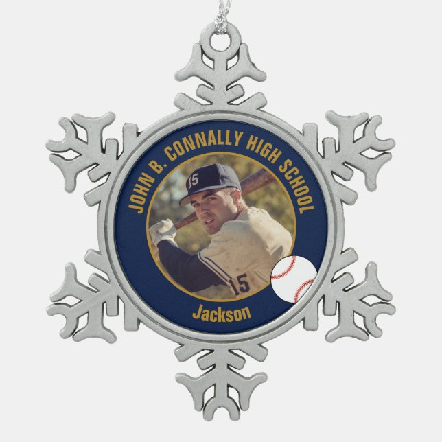 Navy Blue Gold Baseball Player Photo High School Schneeflocken Zinn-Ornament (Vorderseite)