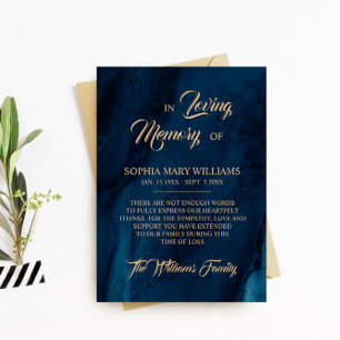 Navy Blue & Gold Beileid Memory Danke Karte