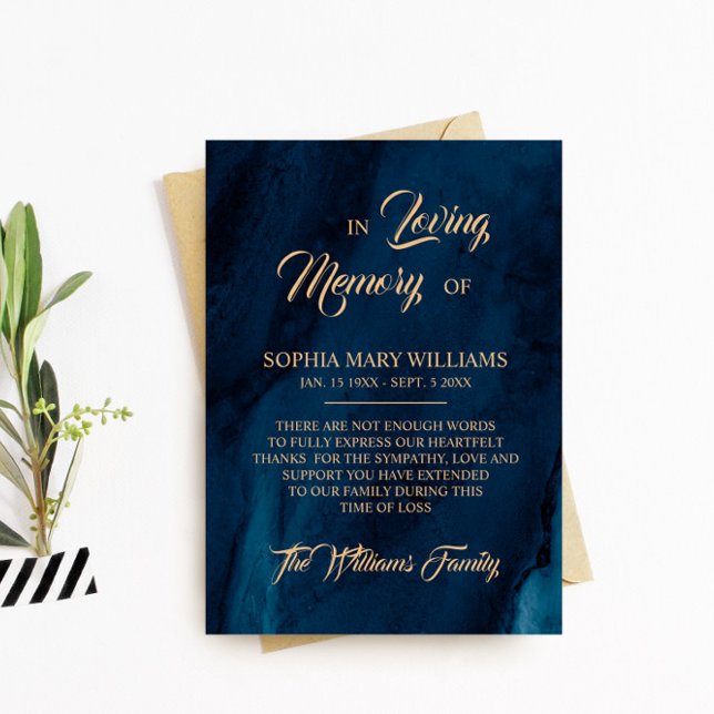 Navy Blue & Gold Beileid Memory Danke Karte (Von Creator hochgeladen)