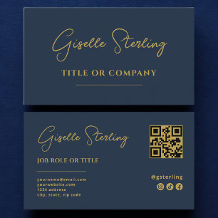 Navy Blue Gold Beruflich Company Script QR Visitenkarte