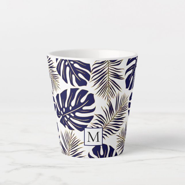 Navy-Blue-Gold-Blätter und Monogramm Milchtasse (Vorderseite)