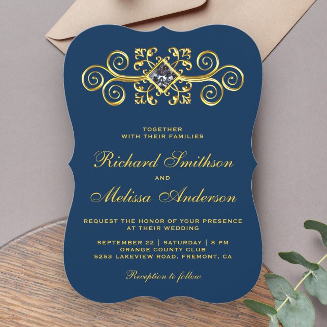 Navy Blue Gold Blüh Hochzeitseinladung Einladung (Von Creator hochgeladen)