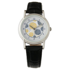 Navy Blue Gold Blume Muster Armbanduhr