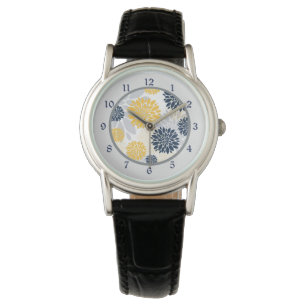 Navy Blue Gold Blume Muster Armbanduhr