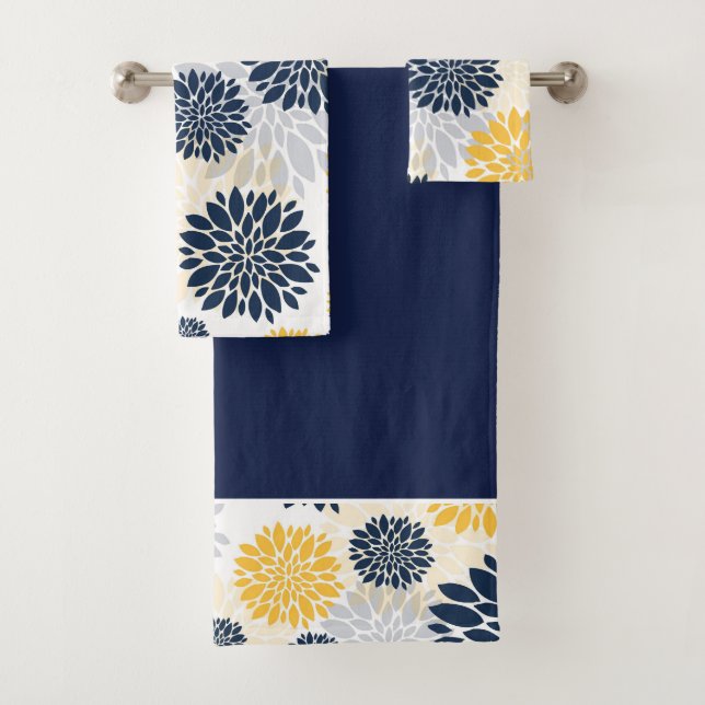 Navy Blue Gold Blume Muster Badhandtuch Set (Insitu)