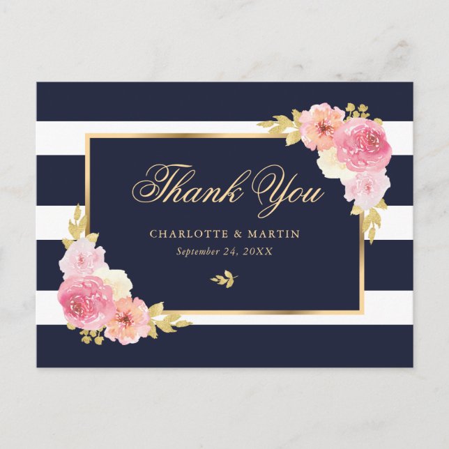 Navy Blue Gold Blush Pink Floral Vielen Dank Postkarte (Vorderseite)