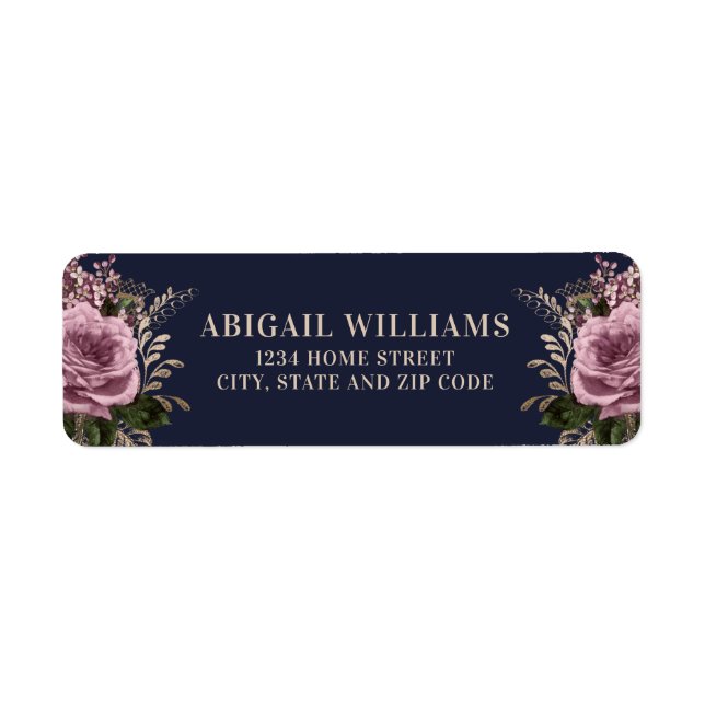 Navy Blue Gold Blush Pink Roses Rücksendeadresse (Vorne)