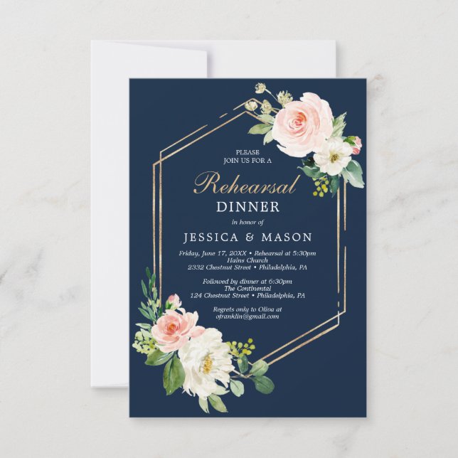 Navy Blue Gold Blush Probe Dinner Einladungskarte Einladung (Vorderseite)
