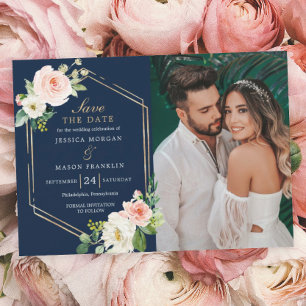 Navy Blue Gold Blush Wedding Save The Date Card Einladung