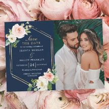 Navy Blue Gold Blush Wedding Save The Date Card