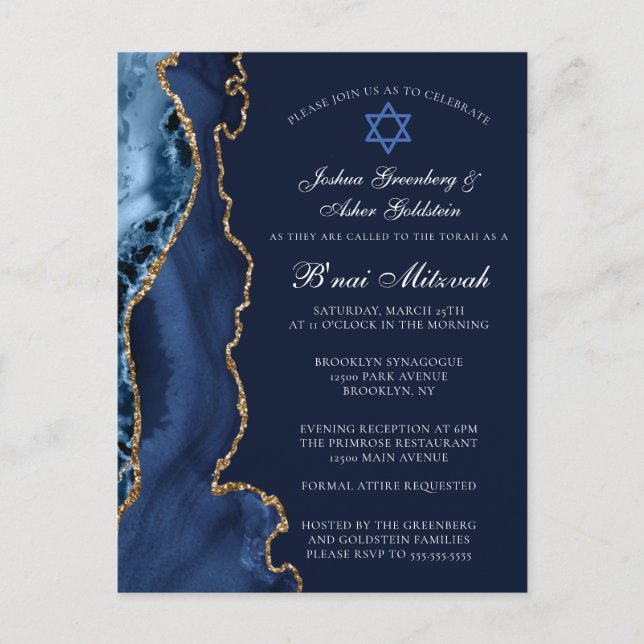 Navy Blue Gold B'nai Mitzvah Party Einladung Postkarte (Vorderseite)