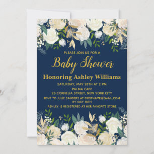 Navy Blue Gold Boho Botanical Greenerity Baby Show Einladung