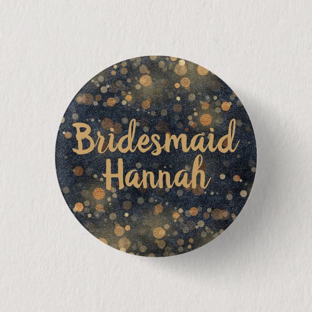 Navy Blue Gold Bokeh Script Bridesmaid Button (Vorderseite)