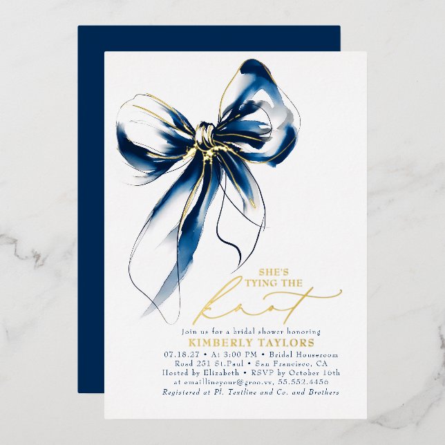 Navy Blue Gold Bow Elegant Whimsical Bridal Shower Folieneinladung (Vorderseite/Rückseite)