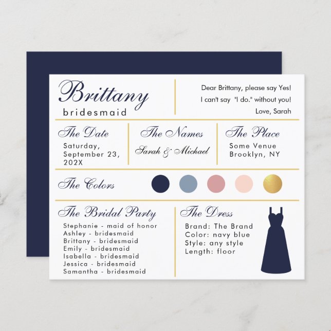 Navy Blue Gold Bridesmaid Information Card (Vorne/Hinten)