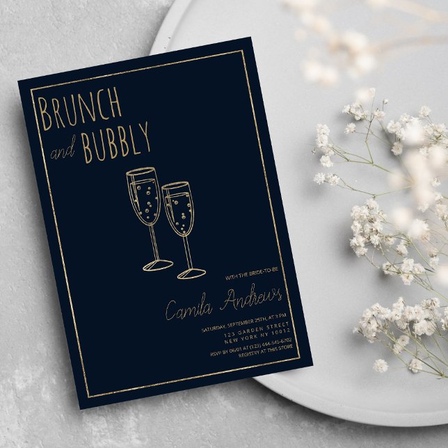Navy Blue Gold Brunch und Bubbly Brautparty Einladung (Navy Blue Gold Brunch and Bubbly Bridal Shower)