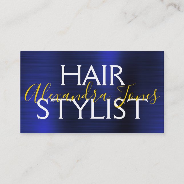 Navy Blue Gold Brushed Metal Hair Stylist Visitenkarte (Vorderseite)