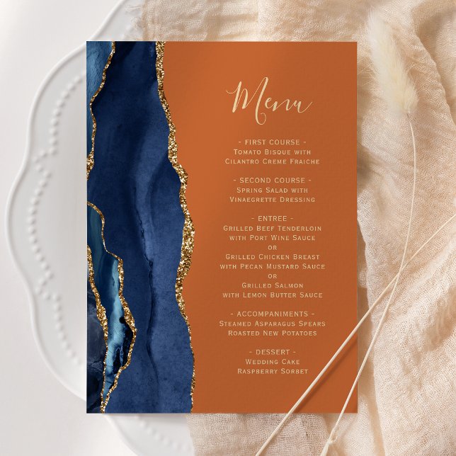 Navy Blue Gold Burnt Orange Wedding Menükarte (Von Creator hochgeladen)