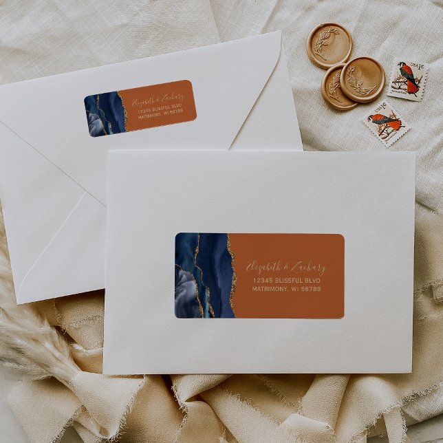 Navy Blue Gold Burnt Orange Wedding Rücksendeadres (Von Creator hochgeladen)