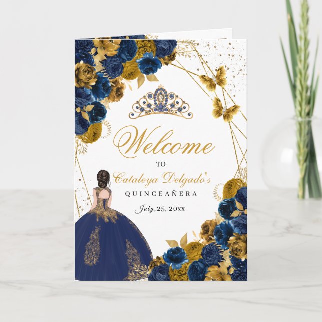 Navy Blue & Gold Butterfly Quinceanera Programm (Vorderseite)