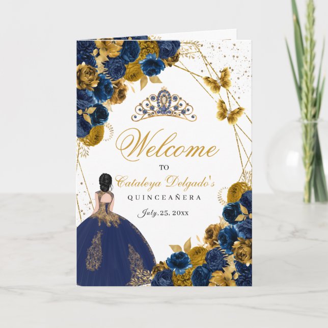 Navy Blue & Gold Butterfly Quinceanera Programm (Vorderseite)