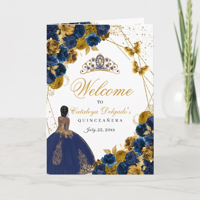 Navy Blue & Gold Butterfly Quinceanera Programm (Vorderseite)