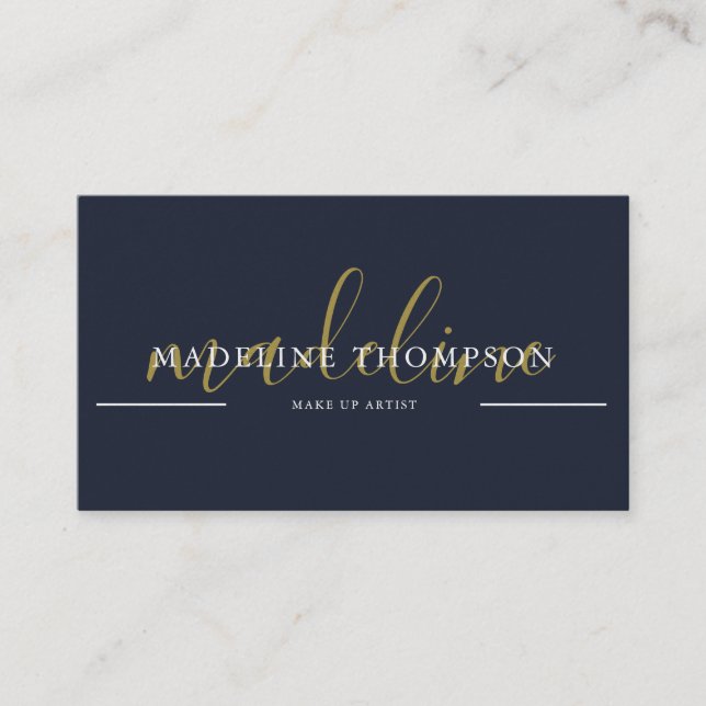 Navy Blue Gold Calligraphy Script QR Visitenkarte (Vorderseite)