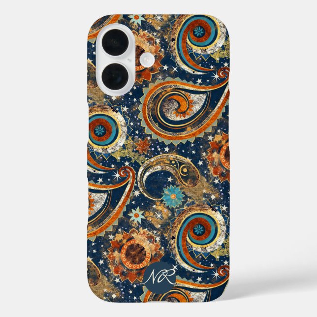 Navy Blue Gold Celestial Paisley Muster Monogram Case-Mate iPhone Hülle (Rückseite)