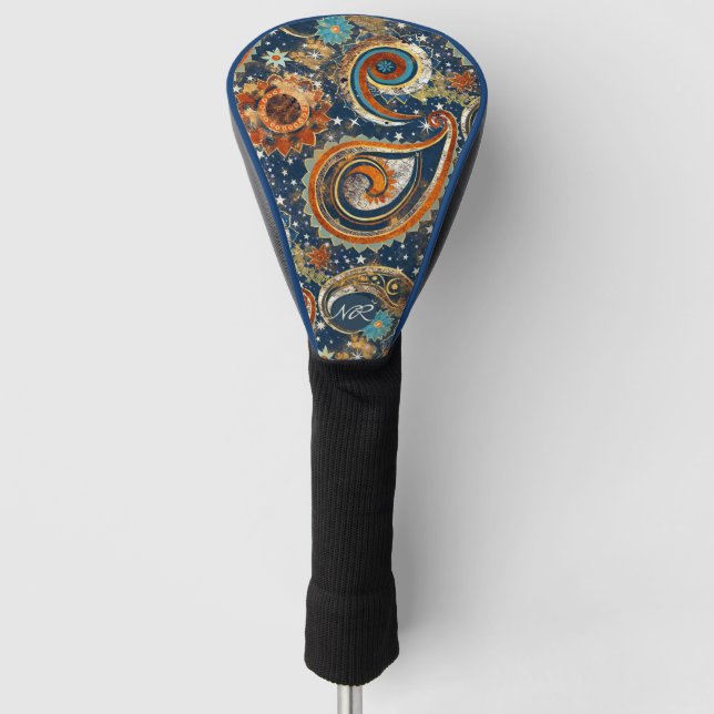 Navy Blue Gold Celestial Paisley Muster Monogram Golf Headcover (Vorderseite)