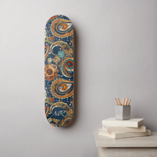 Navy Blue Gold Celestial Paisley Muster Monogram Skateboard