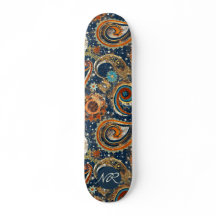 Navy Blue Gold Celestial Paisley Muster Monogram