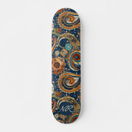 Navy Blue Gold Celestial Paisley Muster Monogram Skateboard