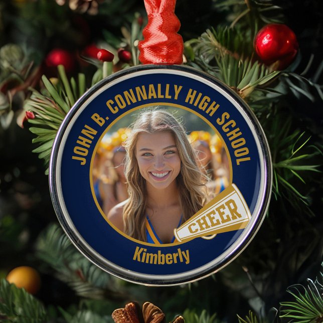 Navy Blue Gold Cheerleader Photo Christmas Ornament Aus Metall (Von Creator hochgeladen)