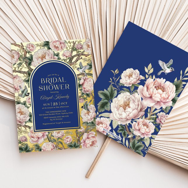 Navy Blue Gold Chinoiserie Blume Brautparty Folieneinladung (Von Creator hochgeladen)