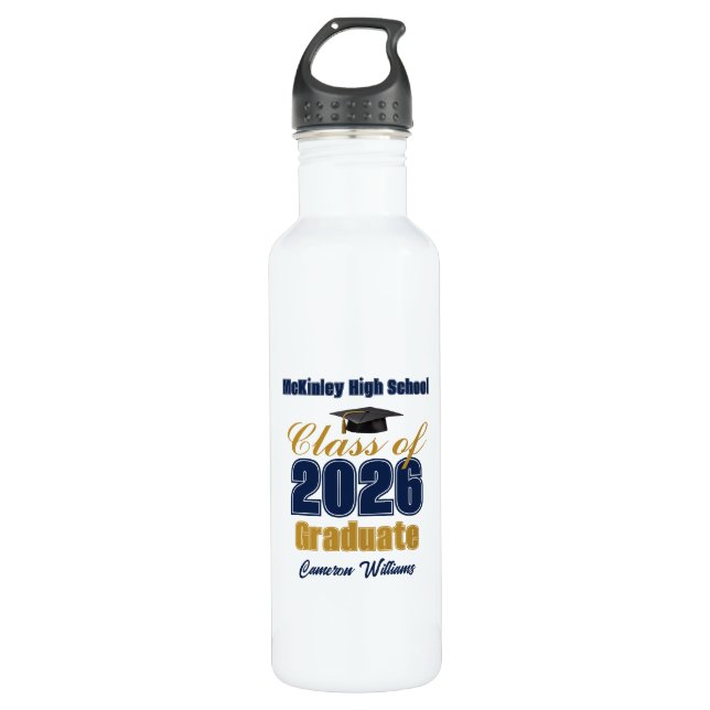 Navy Blue Gold Class of 2026 Custom Graduation Edelstahlflasche (Vorderseite)