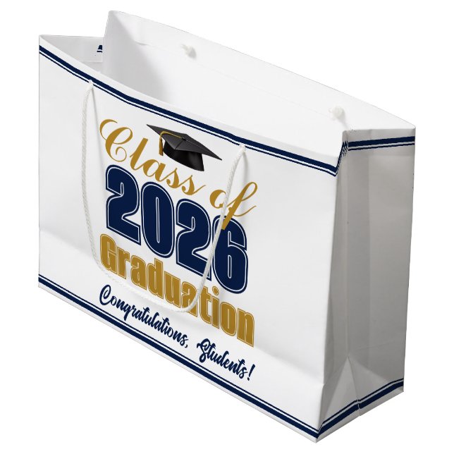 Navy Blue Gold Class of 2026 Graduation Party Große Geschenktüte (Vorderseite Schrägansicht)
