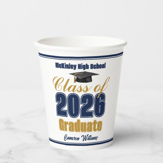 Navy Blue Gold Class of 2026 Graduation Party Pappbecher (Vorderseite)