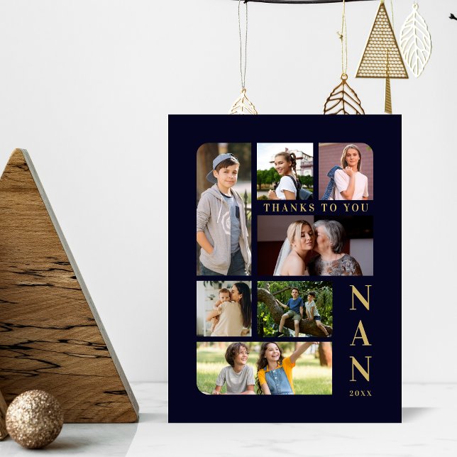 Navy Blue & Gold Classic 7 Multi Photos Collage Sockelschild (Navy Blue & Fake Gold Classic 7 Multi Photos Collage Family Pedestal Sign.)
