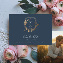 Navy Blue Gold Classic Monogram Wappen Foto Save The Date