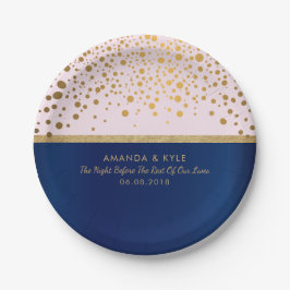 Navy Blue & Gold Confetti Dots & Pink Design Pappteller
