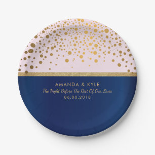 Navy Blue & Gold Confetti Dots & Pink Design Pappteller