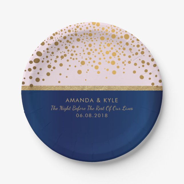 Navy Blue & Gold Confetti Dots & Pink Design Pappteller (Vorderseite)