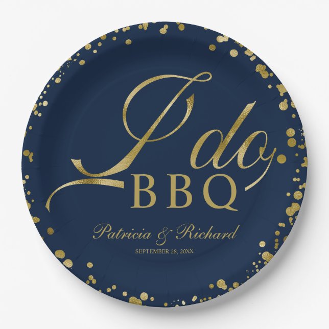 Navy Blue Gold Confetti I Do GRILLEN Engagement Pa Pappteller (Vorderseite)