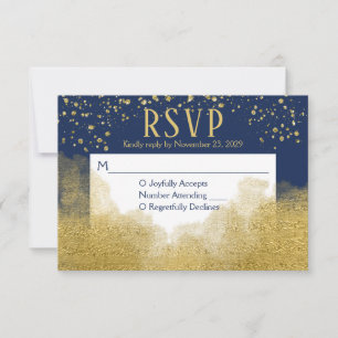 Navy Blue Gold Confetti UAWG Wedding Response RSVP Karte