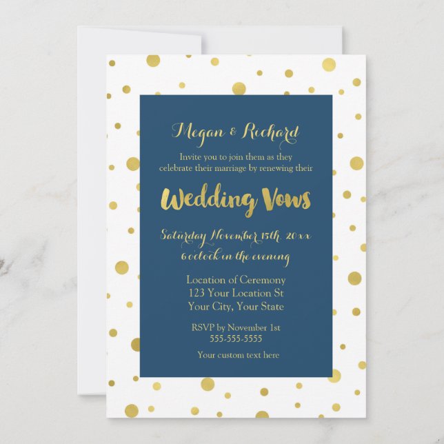 Navy Blue Gold Confetti Vow Renewal Einladung (Rückseite)