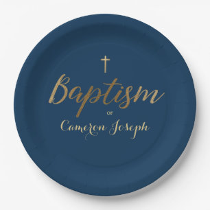 Navy Blue Gold Cross Custom Baby Baptisse Pappteller