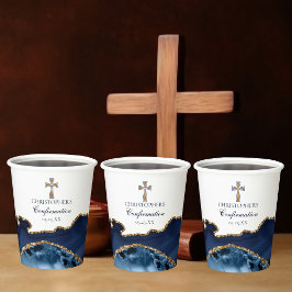 Navy Blue Gold Cross Custom Confirmation Party Pappbecher