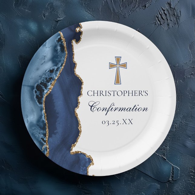 Navy Blue Gold Cross Custom Confirmation Party Pappteller (Von Creator hochgeladen)
