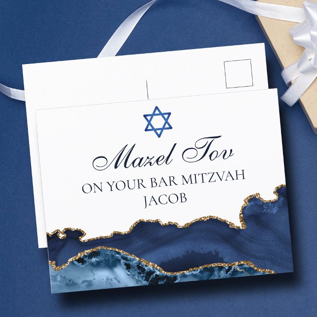 Navy Blue Gold Custom Bar Mitzvah Mazel Tov Postkarte (Von Creator hochgeladen)